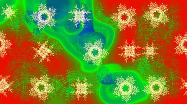 Kar tanesi süsleme deseni. Renkli arka planda izole edilmiş kar tanelerinin düz tasarımı. Kar taneleri deseni. Raster illüstrasyonu. Kar taneleri arkaplanı.