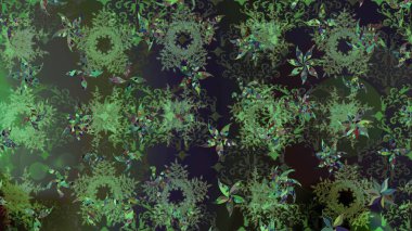 Renkli arka planda izole tatlı kar taneleri. Raster illüstrasyonu. Kar taneleriyle yeşil ve gri renkler.