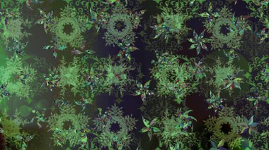 Renkli arka planda izole tatlı kar taneleri. Raster illüstrasyonu. Kar taneleriyle yeşil ve gri renkler.