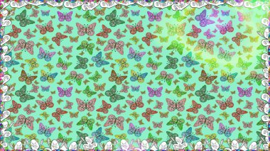 Raster illustration. Seamless background of colorful butterflies on blue and green colors. Perfect for textile, wallpapers, web page backgrounds, surface textures. clipart