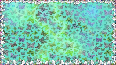 Raster. Moda Kumaşı Tasarımı. Egzotik Kelebeklerle tropik ve pürüzsüz bir düzen. Mavi ve yeşil renkli illüstrasyon.