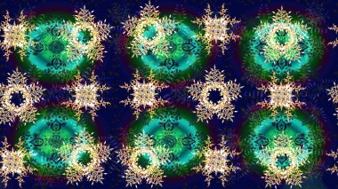 Raster illüstrasyonu. Yüzey için tekrarlanan doku, ambalaj kağıdı, mavi, yeşil ve gri renkler. Kış kar tanesi, raster arka plan. Renkli arka planda izole edilmiş güzel kar taneleri.