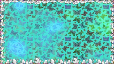 Güzel Kelebek Siluetleriyle Moda Dekorasyonu. Güve ile Raster Geçmişi. Basit Kadınsı Kart, Davetiye, Yazdırma Kalıbı. Kelebeklerle dolu yaz arkaplanı mavi ve yeşil renkler.