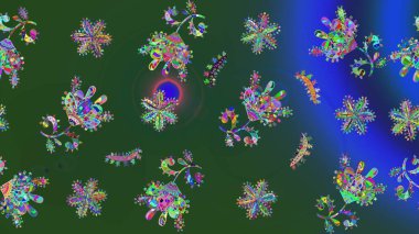 Kar tanelerinin soyut arkaplanlı Noel şablonu. Yeşil kar taneleri. Raster illüstrasyonu. Noel ve Yeni Yıl moda baskıları için tatil tasarımı.