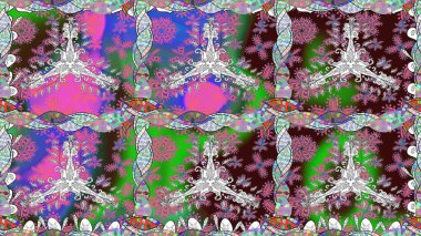 Yeşil renklerde. Kusursuz desen. Hint süsü. Renkli süs kenarı. Raster illüstrasyonu. Çiçek duvar kağıdı.