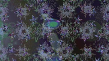 Kar tanelerinin soyut arkaplanlı Noel şablonu. Raster illüstrasyonu. Gri ve yeşil renkler. Noel ve Yeni Yıl moda baskıları için tatil tasarımı.