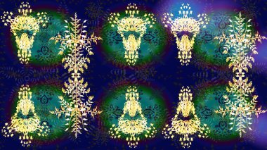 Kar tanelerinin soyut arkaplanlı Noel arkaplanı. Mavi ve yeşil kar taneleri. Noel için tatil tasarımı, yeni yıl moda baskıları. Güzel tasarım. Raster illüstrasyonu.