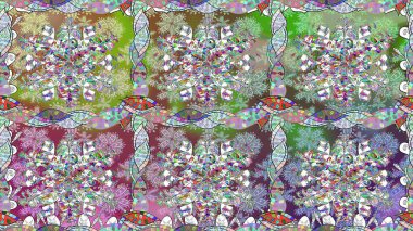 Raster illüstrasyonu. Renkli Bahar Temalı Kusursuz Arkaplan. Kusursuz Chichi kumaş deseni. Düz Çiçek Elementleri Tasarımı. Çiçek deseni.