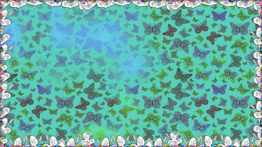 Elle çizilmiş kelebeklerle. Dekoratif Raster çizimi. Renkli romantik kelebekler kusursuz desenli arka plan. Yeşil ve mavi renkler üzerine soyut arkaplan.