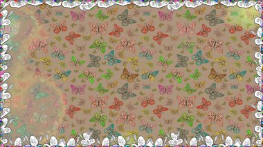 Kelebeklerle güzel bir moda modeli. Fantezi çizimi. Raster illüstrasyonu. Moda sevimli kumaş tasarımı. Bej ve nötr renklerle çizim.