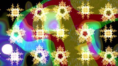 Yeni yıl kar tanesi. Düz kar karalama ikonları, kar taneleri silueti kahverengi, yeşil ve sarı renkli yılbaşı afişleri, kartlar. Güzel soyut kar tanesi raster tasarımı..