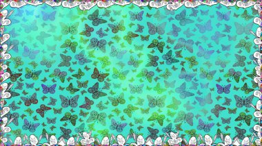 Giysi tarzı için mavi ve yeşil arka planda dekorasyon. Farklı renkte kelebeklerden kusursuz. Raster illüstrasyonu. Fantezi renkli resimler koleksiyonu. Tasarım için Raster Kelebekleri.