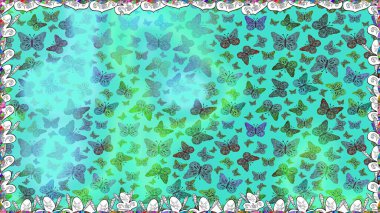 Renkli kelebeklerin kusursuz arka planı. Raster illüstrasyonu. Mavi ve yeşil renkli sanat kelebekleri. Koleksiyon Defteri için Resim.