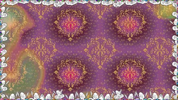 Raster illustration. Purple curly flowers shapes on purple colors. Vintage flower design elements.