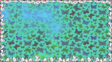 Elle çizilmiş kelebeklerle. Dekoratif Raster çizimi. Renkli romantik kelebekler kusursuz desenli arka plan. Yeşil ve mavi renkler üzerine soyut arkaplan.
