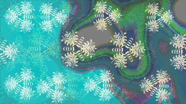 Düşen Noel stili kar taneleri. Renkli bir arka planda izole edilmiş güzel, mavi ve yeşil kar taneleri. Kar taneleri, kar yağışı. Görüntü.