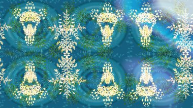 Mavi ve yeşil kar taneleri. Raster illüstrasyonu. Noel ve yeni yıl moda baskıları için tatil tasarımı. Kar tanelerinin soyut arkaplanlı Noel deseni.