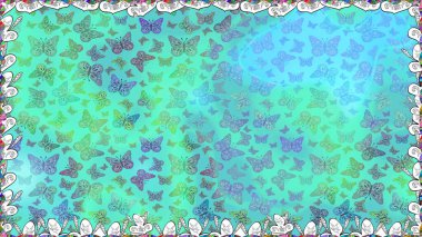 Çizim, karalama, karalama. Mavi ve yeşil arka planda kelebekler. Raster illüstrasyonu. Sonsuz. Kusursuz. Kelebeklerle tasarım.