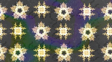 Yuvarlak raster kar tanesi. Renkli arka planda izole tatlı kar taneleri. Soyut kış gri ve yeşil süslemeleri. Güzel kar tanesi. Raster illüstrasyonu.