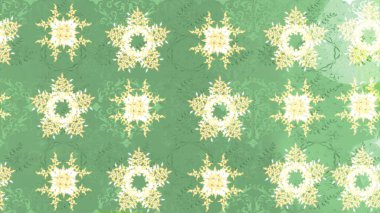 Fine snowflake. Isolated cute snowflakes on colorful background. Raster illustration. Round raster snowflake. Abstract winter neutral and green ornament.