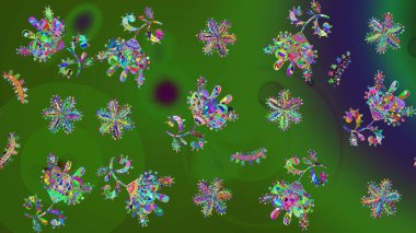 Raster illüstrasyonu. Kar tanesi süsleme deseni. Kar taneleri deseni. Renkli arka planda izole edilmiş kar tanelerinin düz tasarımı. Kar taneleri arkaplanı.