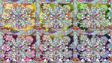 Motley illüstrasyonu. Küçük renkli çiçekler. Moda baskıları için zarif bir şablon. Küçük çiçekte güzel bir desen. Tarafsız çiçekli bahar çiçekleri.