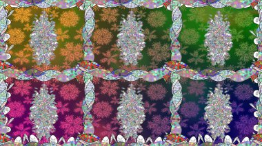 Raster - stok. Yapraklı çiçekler ve yeşil renkli papatya çiçekleri. Kusursuz arkaplan deseni.