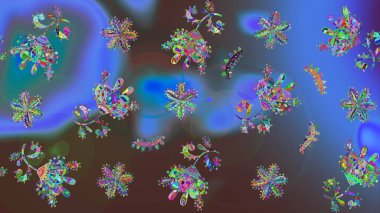 Renkli arka planda izole kar taneleri. Raster illüstrasyonu. Kar taneleri radyal mavi ve kahverengi renkler.