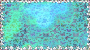Mavi ve yeşil renklerin soyut arkaplanı. Dekoratif Raster çizimi. Renkli romantik kelebekler kusursuz desenli arka plan. Elle çizilmiş kelebeklerle.