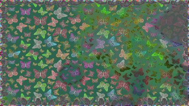 Kusursuz. Kumaş, kağıt, ambalaj kâğıdı ve duvar kağıdı tasarımı için harika bir arka plan. Yeşil ve mavi kelebekler. Raster illüstrasyonu. Egzotik hayvanlar.