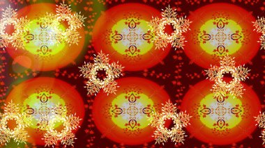 Kar tanelerinin soyut arkaplanlı Noel şablonu. Kırmızı, turuncu ve kahverengi kar taneleri. Raster illüstrasyonu. Noel ve Yeni Yıl moda baskıları için tatil tasarımı.