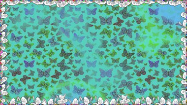Kelebeklerle dolu renklendirilmiş, pürüzsüz bir desen. Yeşil ve mavi arka planda renkli bir kelebek. Davetiye, kart, yazdırma için basit şirin desen.