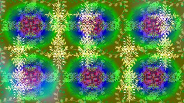 İllüzyon. Güzel, yeşil, mavi ve sarı kar taneleri renkli bir arka planda izole edilmiş. Düşen Noel stili kar taneleri. Kar taneleri, kar yağışı.