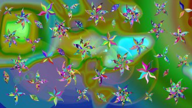 Raster illüstrasyonu. Şirin çiçekli eskiz deseni ve yeşil renkli yapraklar, suluboya çiçek deseni, duvar kağıdı, kart veya kumaş için fayanslı.