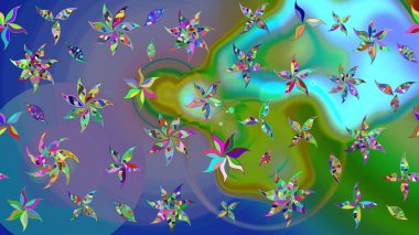 Çiçekli karalama şeklinde Raster çiçek deseni. Mavi renkli çiçekler. Yumuşak, bahar çiçekli arka plan.