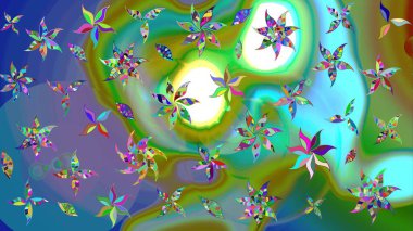 Moda baskıları için zarif bir şablon. Parlak renkli çiçekli ve yeşil yapraklı harika bir çiçek deseni. Modern çiçek arkaplanı. Halk stili.