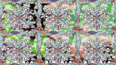 Modern çiçek arkaplanı. Rengarenk çiçekleri ve doğal renklerde yaprakları olan harika, pürüzsüz çiçek deseni. Moda baskıları için zarif bir şablon. Halk stili.