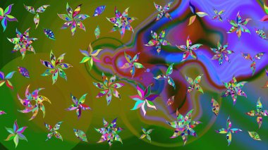 Şirin çiçekli eskiz deseni ve yeşil renkli yapraklar, suluboya çiçek deseni, duvar kağıdı, kart veya kumaş için fayanslı. Raster illüstrasyonu.