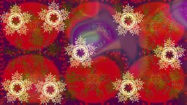 Raster illüstrasyonu. Yuvarlak raster kar tanesi. Güzel kar tanesi. Soyut kış kırmızı, mor ve kahverengi süsler. Renkli arka planda izole tatlı kar taneleri.