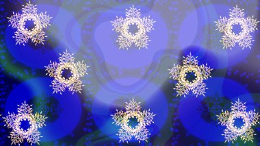 Mavi ve mor renkler. Noel ve yeni yıl moda baskıları için tatil tasarımı. Raster illüstrasyonu. Kar tanelerinin soyut arkaplanlı Noel deseni.