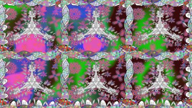 Raster illüstrasyonu. Karalama çiçeği. Zentangle soyut çiçekleri. Düz Çiçek Elementleri Tasarımı. Renkli Bahar Temalı Kusursuz Arkaplan. Şirin kumaş deseni.