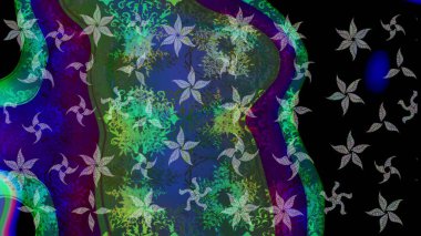 Renkli desenli, mavi çiçekli ve dekoratif elementli kusursuz desen. Kusursuz bir geçmişi var. Raster illüstrasyonu. Kumaş, tekstil, duvar kağıdı baskısı için. Antika retro tarzı.