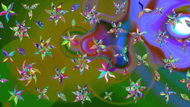 Raster illüstrasyonu. Yumuşak, yeşil renkli bahar çiçekleri. Raster çiçek desenli ve çiçekli..