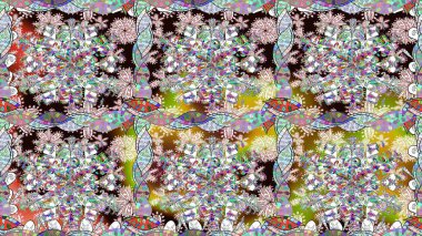 Raster illüstrasyonu. Renkli Bahar Temalı Kusursuz Arkaplan. Düz Çiçek Elementleri Tasarımı. Kusursuz Chichi kumaş deseni. Çiçek deseni.