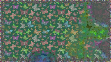 Raster illüstrasyonu. Giysi tarzı için yeşil ve mavi arka planda dekorasyon. Tasarım için Raster Kelebekleri. Farklı renkte kelebeklerden kusursuz. Fantezi renkli resimler koleksiyonu.