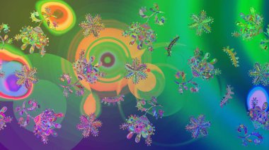 Farklı kar taneleri toplayıcısı, yeşil ve mavi renklerde kış elementleri. Raster Noel soyut renkli arkaplan ve tatlı kar tanesi.