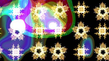 İllüzyon. Güzel, siyah ve yeşil kar taneleri renkli bir arka planda izole edilmiş. Kar taneleri, kar yağışı. Düşen Noel stilize kar taneleri.