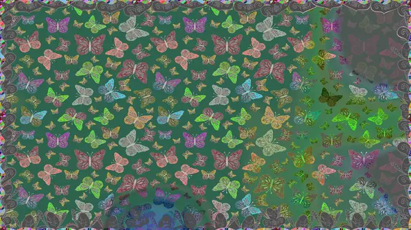 Raster illüstrasyonu. Giysi tarzı için yeşil ve mavi arka planda dekorasyon. Tasarım için Raster Kelebekleri. Farklı renkte kelebeklerden kusursuz. Fantezi renkli resimler koleksiyonu.