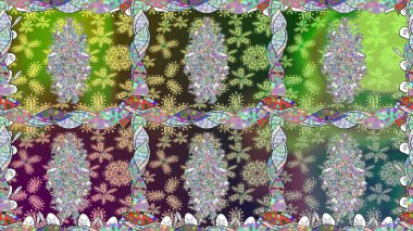 Renkli desenli, yeşil çiçekli ve dekoratif elementli kusursuz desen. Kusursuz bir geçmişi var. Kumaş, tekstil, duvar kağıdı baskısı için. Raster illüstrasyonu. Antika retro tarzı.
