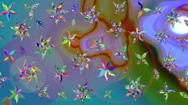 Bir sürü mavi soyut çiçekli tropikal eskiz deseni. Varicoloblue Raster çizimi. Küçük çiçekte sevimli çiçek deseni var..